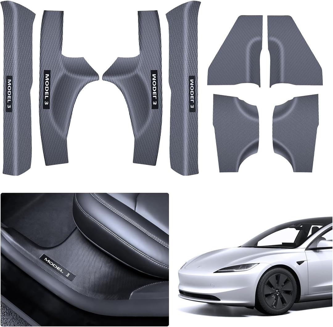 2025 8PCS Tesla Door Sill Protector for Model 3 2024 2025 Highland, Carbon Fiber Door Sill Scuff Plate Edge Guard, Front and Rear Door Entry Guard Scuff Plate Carpet Front Rear Sill