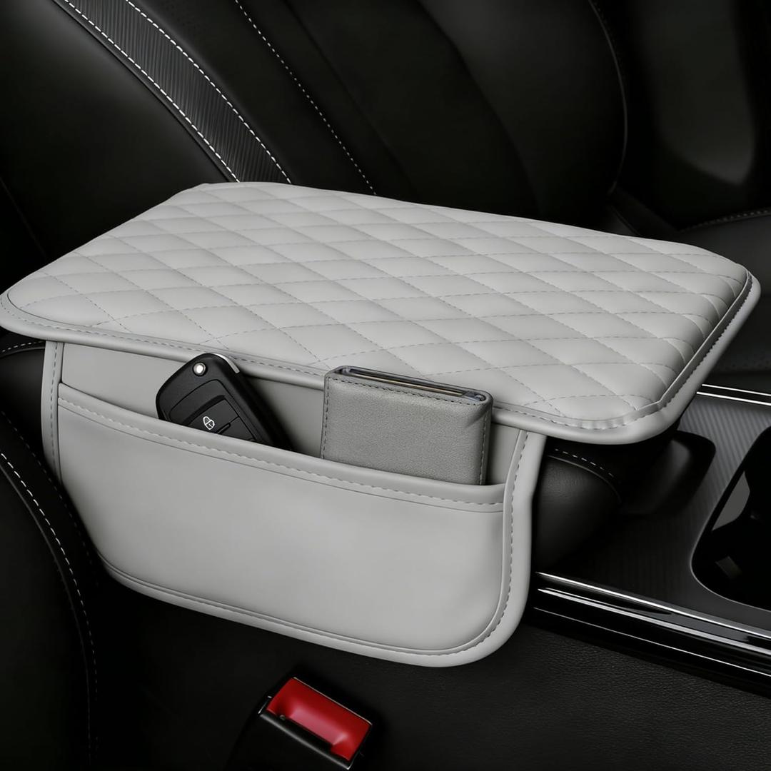 Upgraded Car Center Console Cover, Leather Armrest Cushion Pad with 2 Storage Bags, Microfiber Soft Waterproof Seat Box Cover Protector, Car Interior Decor Accessories Fit for Most Cars, Vehicles (Grey-1)