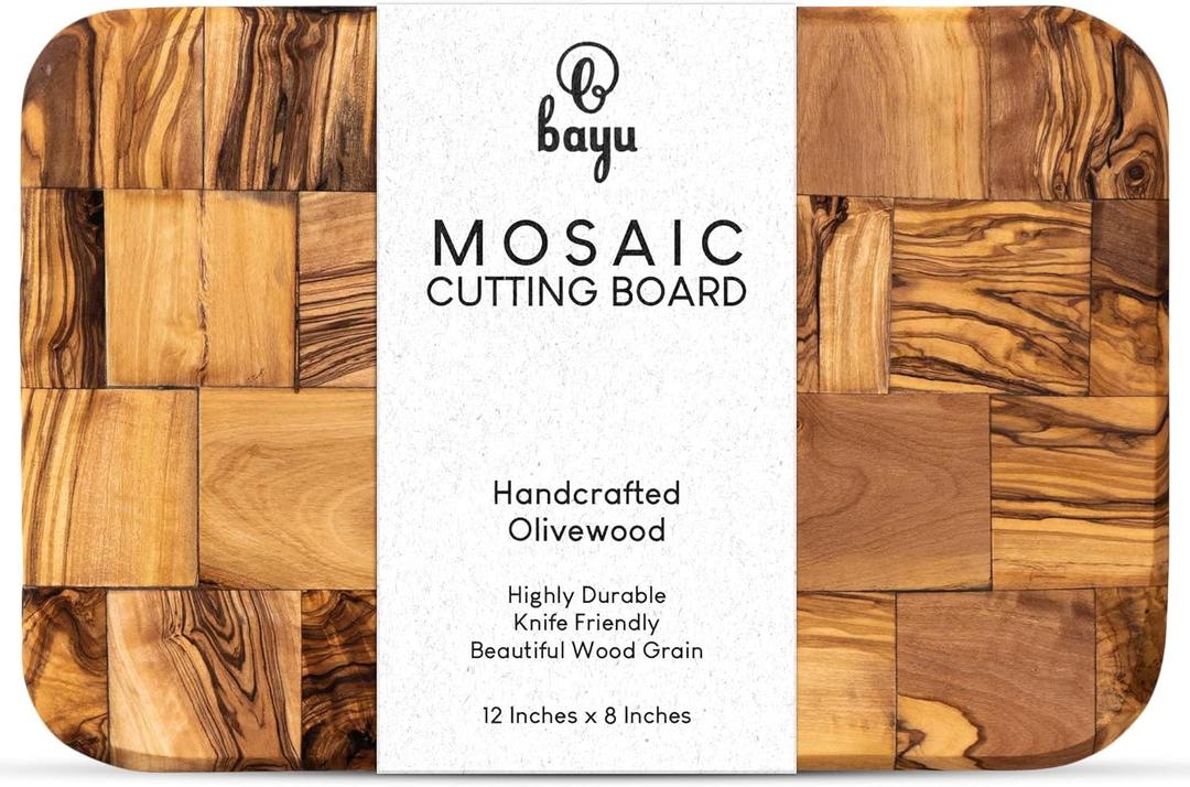 Bayu Handcrafted Olive Wood Charcuterie Board and Serving Platter, 12" x 8" x 0.8" Olive Wood Cutting Board with Rustic Natural Finish, Wooden Kitchen Accessories