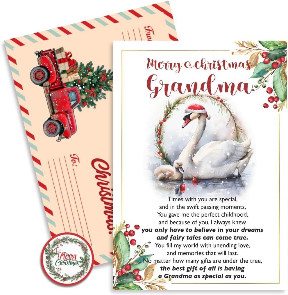 4 x Christmas Card for Grandma, Grandmother Merry Xmas Greeting Card with Envelope and Seal, Christmas Gift for Grandmother from Granddaughter, Grandson, Kids