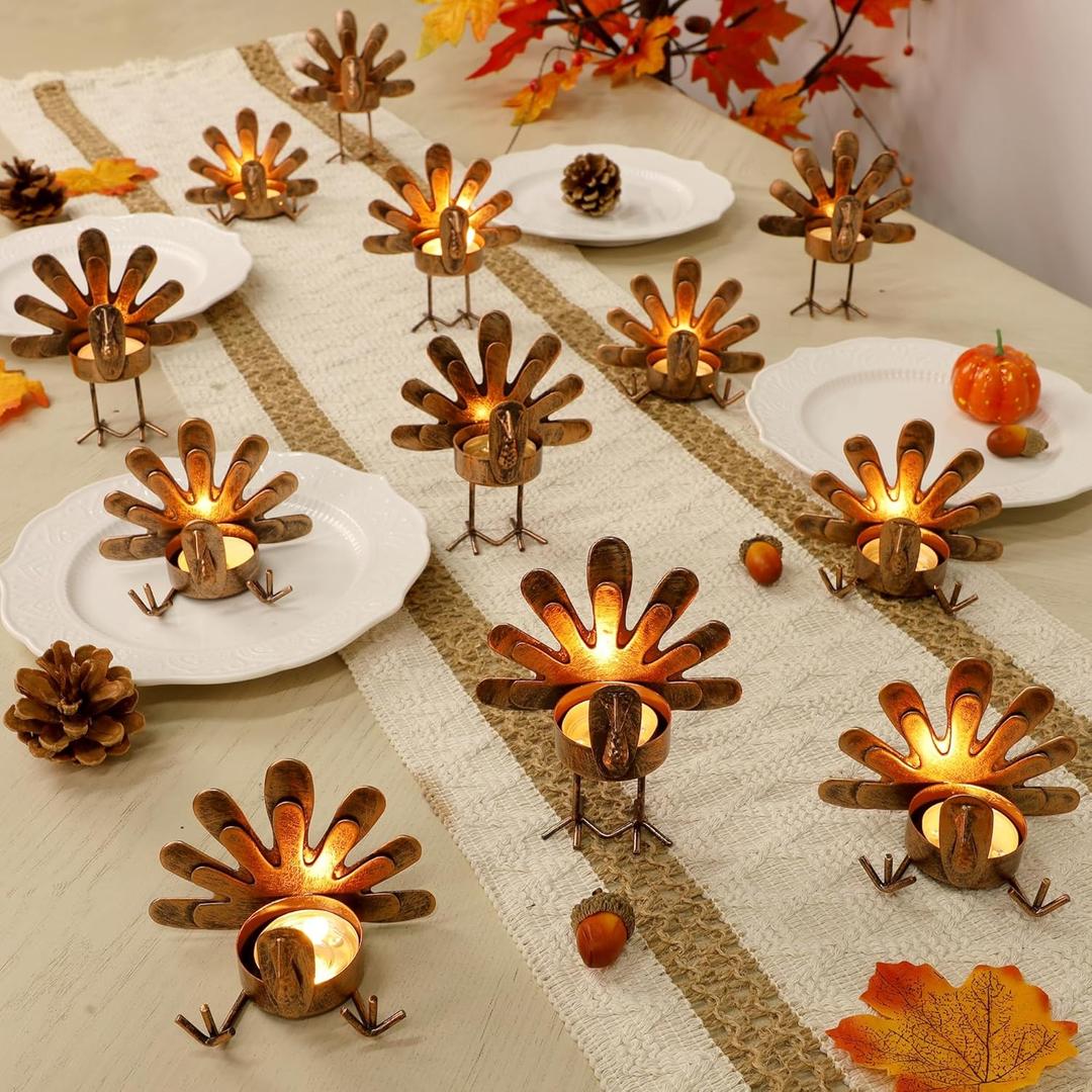 FORUP Metal Turkey Candle Holders, Set of 12 Thanksgiving Home Decor with Tea Light Candles