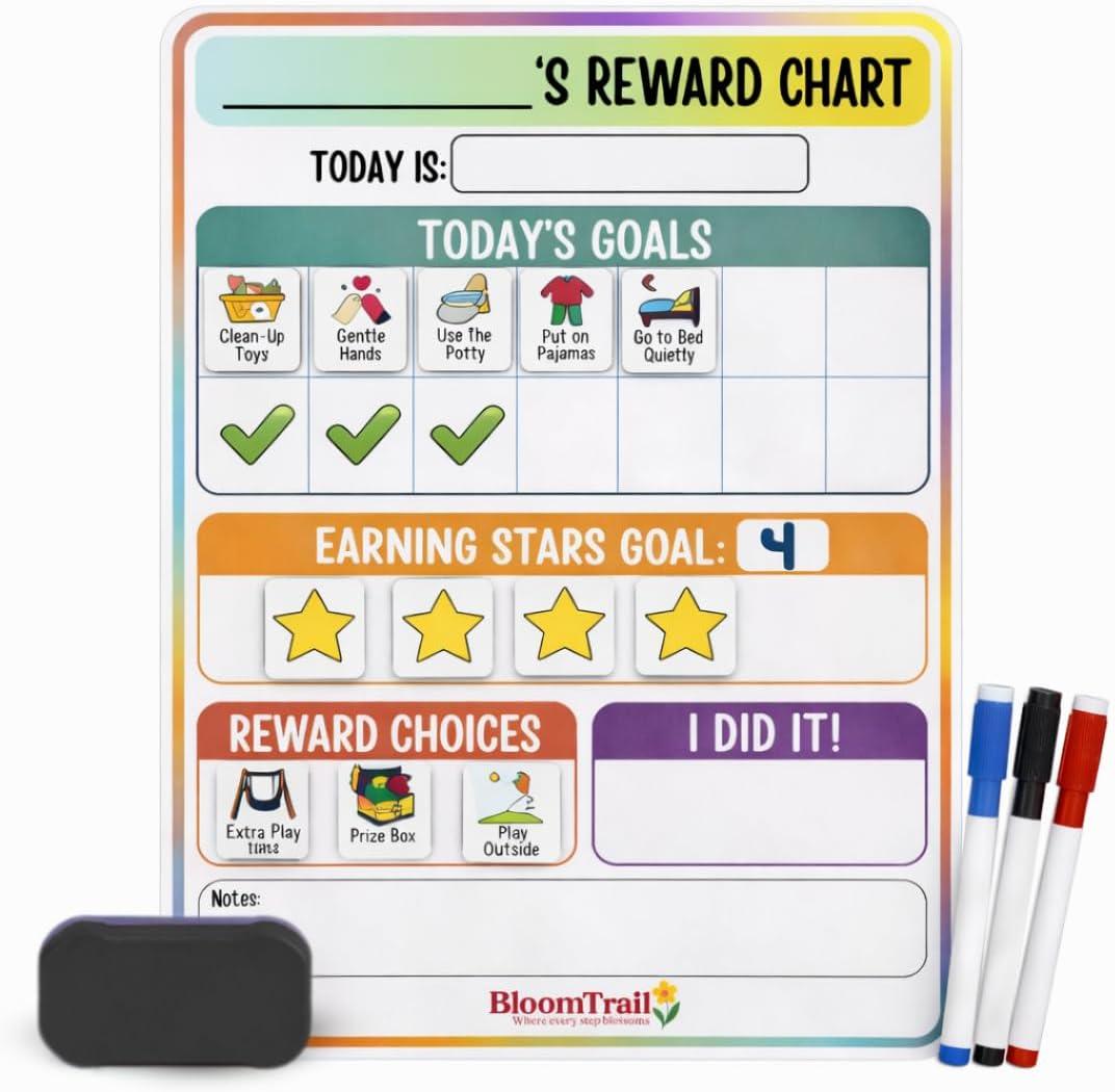 Reward Charts for Toddlers Magnetic Daily Routine & Behavior Chart for Kids, Positive Reinforcement System for Home & Classroom, 70 Magnets, Dry Erase Board