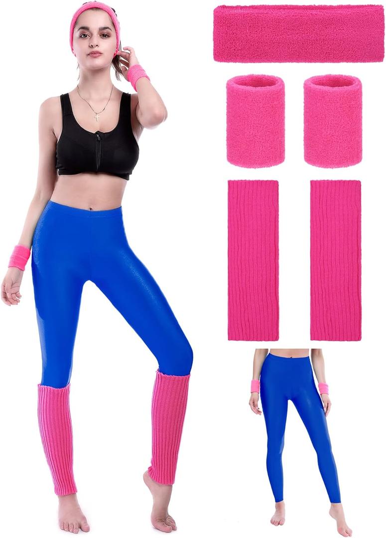 SATINIOR 80s Neon Leggings Party Retro Jogging Sports Headband Wristbands Leg Warmers (Royal Blue)
