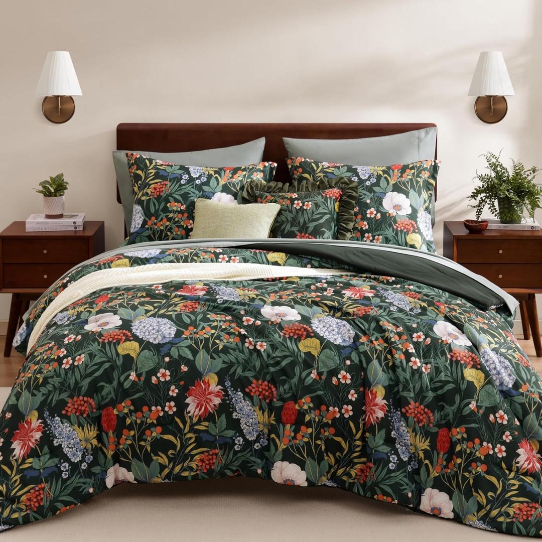 WRENSONGE Queen Comforter Set-7 Pieces Green Botanical Floral Bedding, Flowers Printed Design Queen Bed in a Bag with Botanical Flowers Comforter, Sheets, Pillowcases & Shams (Queen(90"X90"))