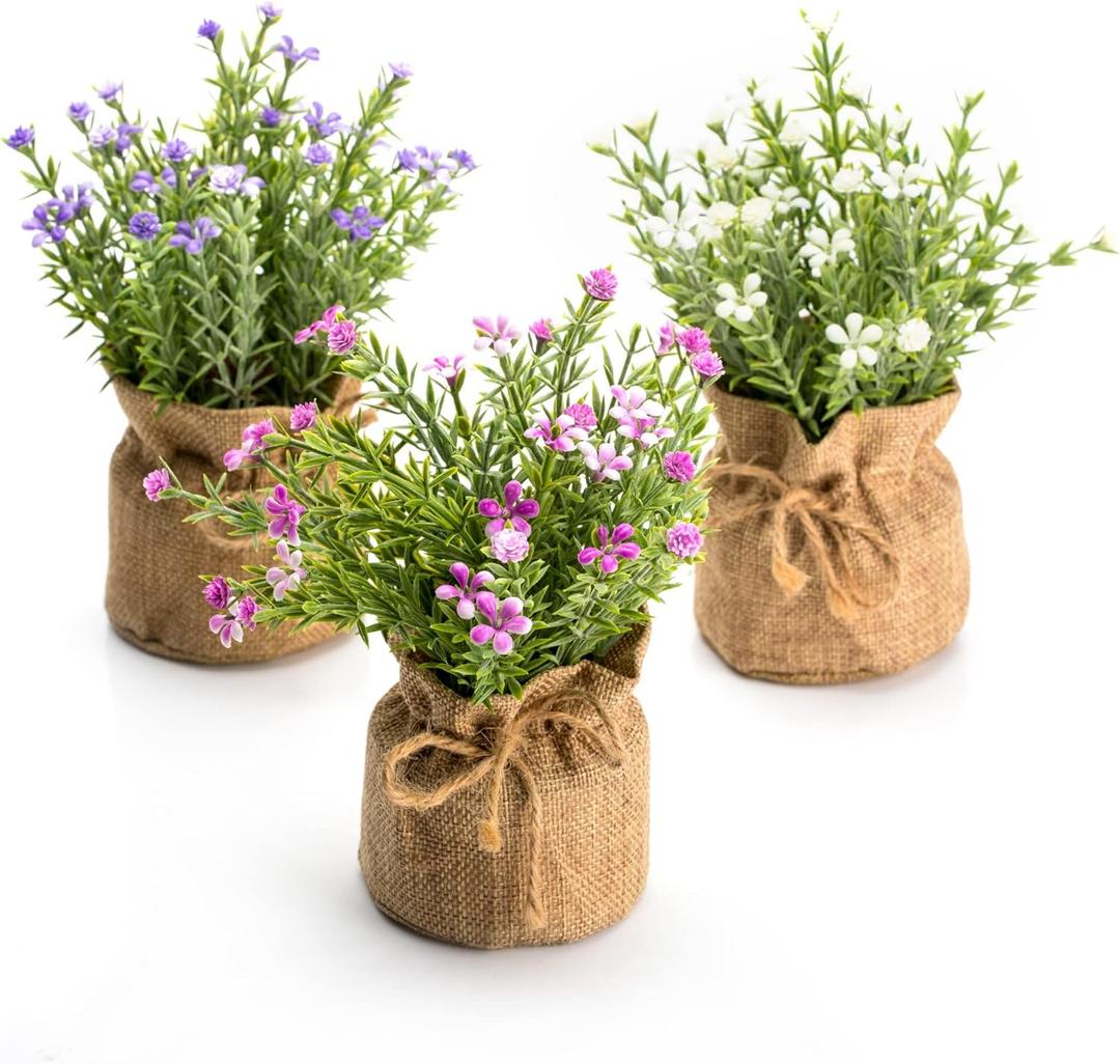 Velener Babys Breath Artificial Flowers in Small Burlap Bag Vases 3Pcs -Gypsophila Faux Flowers Farmhouse Home Coffee Table Bookshelf Office Desk Decorations Kitchen Dining Room Fake Plants Indoor (White/Purple/Pink)