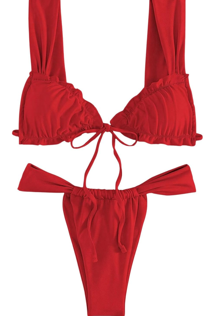 Women's Two Piece Swimsuits Frill Trim Tie Front Bathing Suit Wide Straps High Cut Sleeveless Bikini Sets, Size S