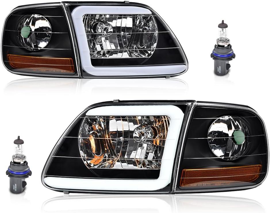PIT66 LED DRL Headlights Assembly w/Corner Parking Lights Fit 1997-2003 Ford F150 /2004 F150 Heritage /98-99 F250 /97-02 Expedition Black Housing Amber Reflector
