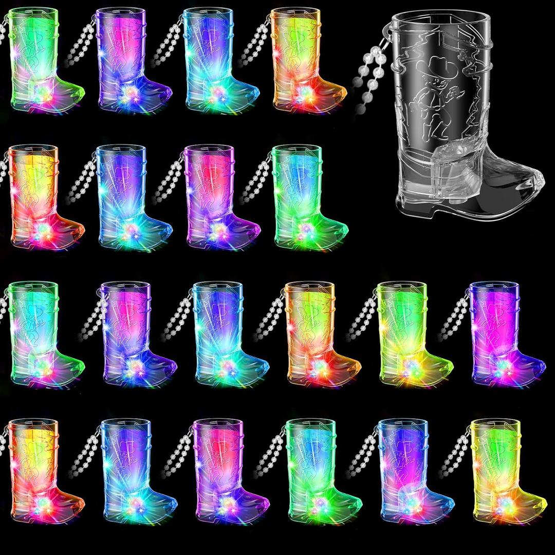 Cowgirl Boot Shot Glasses Set of 16pcs Light Up Plastic Shot Glasses Western Party Decorations Cowboy Shot Glasse Set with Necklace Party Cups for Party Favors Adults Bachelorette Birthday Carnival (Clear)