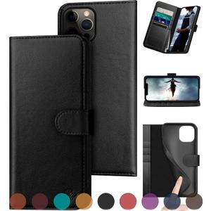 DuckSky for iPhone 12/12 Pro 6.1" Genuine Leather Wallet case RFID Blocking4 Credit Card HolderReal Leather Flip Folio Book Phone case Protective Cover Women Men for Apple 12 case Black