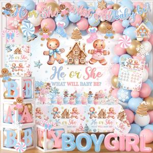 Christmas Gender Reveal Decorations - 199Pcs Gingerbread Theme Balloon Arch Garland Kit with Backdrop,Photo Banner,Balloon Boxes for Gender Reveal Party Supplies
