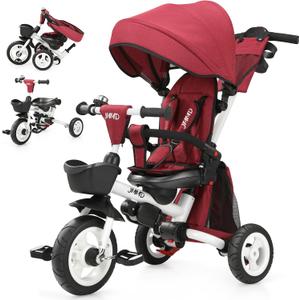 JMMD 8 in 1 Tricycle Stroller with Push Handle, Foldable Trike with 360 Swivel Seat, Reclining Backrest, All-Terrain Wheels, Dual Brakes, Canopy & Storage, Gift for Kids 18 Months to 5 Years, Red