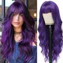 Dark Purple Wig with Bangs for Women Long Purple Wavy Wigs 26 Inch Dark Purple Wigs Natural Looking Heat Resistant Synthetic Wig for Daily Party Use