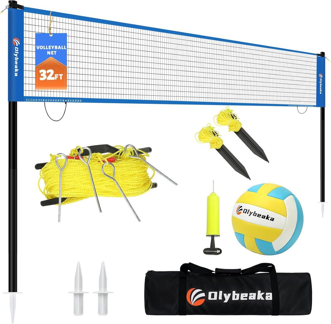 Portable Outdoor Volleyball Net Set for Backyard Beach with Adjustable Poles, Soft PU Volleyball & Pump, Carry Bag and Durable Anti-Sagging Net (32ft, Blue)