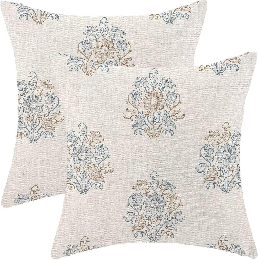 Blue Brown Floral Pillow Covers 18x18 Inch Set of 2, Blockprint Flower Outdoor Decorative Grandmillennial Throw Pillows Neutral Floral Couch Cushion Case for Chair Sofa Bedroom Living Room