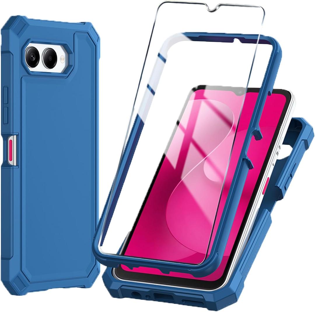 Mocotto for T-Mobile REVVL 8 Phone Case with Tempered Glass Screen Protector,Slim Soft Silicone Full-Body Protective Cover (Blue)