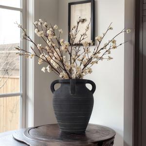 Handmade Black Vase - 10" Tall Terracotta Vases with 4 Ear Design, Wide Mouth Vintage Vases, Rustic Antique Decor Matte Finish Black Ceramic Vase for Home Decor, Living Room, Table, Fireplace Decor