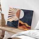 2Pcs Boho Sun and Moon Canvas Wall Art Painting Abstract Mountains Poster Prints Sun and Moon Pictures Medieval Modern Wall Decor for Living Room Bedroom 12x16in Framed