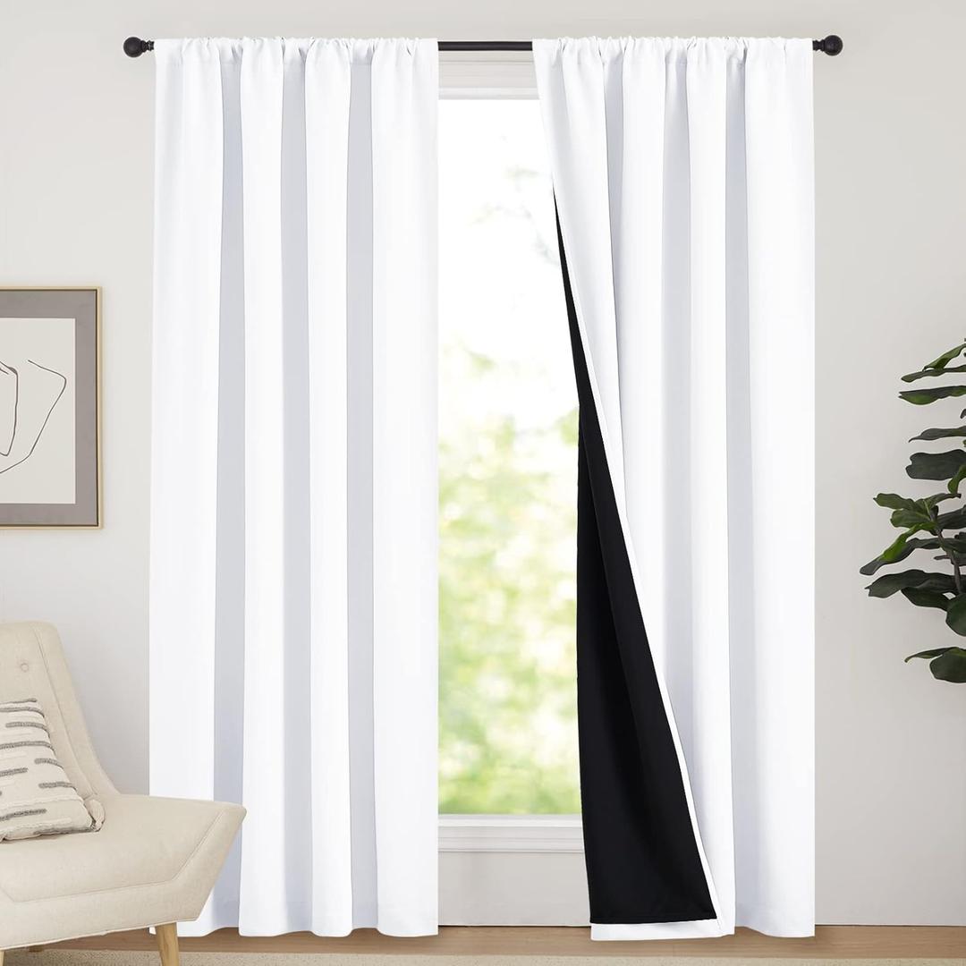 NICETOWN 100% Blackout Curtain Panels, Rod Pocket Window Curtains with Black Liner for Nursery, 84 inches Drop Cold and Full Light Blocking Draperies (White, 2 Pieces, 52 inches Wide Each Panel) (52"W x 84"L (Pack of 2), Pure White)