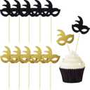 Blulu 48 Pieces Masquerade Mask Cupcake Toppers Black Gold Glitter Bachelorette Party Mask Cupcake Halloween Food Dessert Picks for Baby Shower Birthday Cake Decorations Christmas Party Supplies