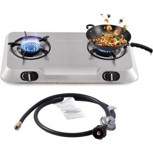 Propane Stove 2 Burner Gas Stove,Portable Stainless Steel Stove,Auto Ignition Camping Dual LPG for RV, Apartment, Outdoor (27.7''*16.1'')