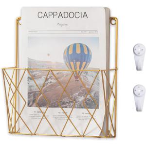 Wall-Mounted File Organizer, Metal Wall File Holder, Magazine Rack, Space-Saving Design, Ideal for Home Office, Workspace, and Study Room Organization (Gold)