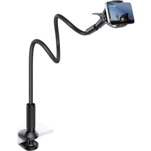 Lamicall Gooseneck Phone Holder for Bed - Overall Length 38.6in, Flexible Leather Wrapped Arm, 360 Adjustable Clamp Clip, Overhead Cell Phone Mount Stand for Desk, Compatible with All Cellphone (4-7) (Black)