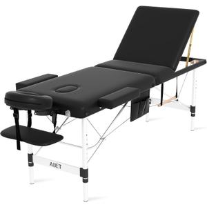 ABET Massage Table, 3 Fold Portable Professional Lash Tattoo Spa Bed, Height Adjustable 23.5" Wide Compact Facial Table with Detachable Oil Pocket Towel Rod Face Cradle Armrest, Aluminum Feet & Black