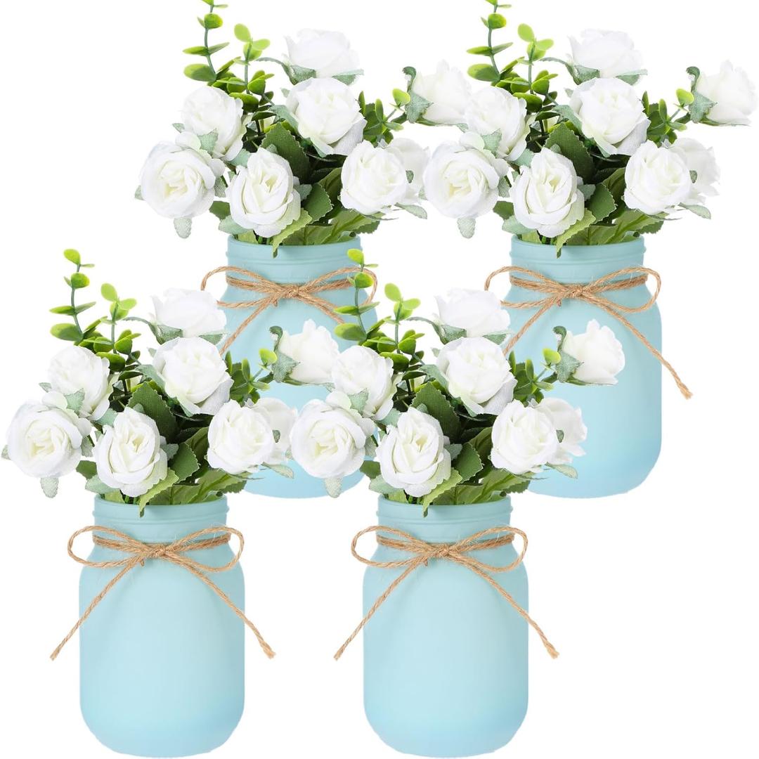 Blue 4 Sets Mason Jar Table Centerpieces with Artificial Rose Flowers, Farmhouse Wedding Floral Centerpieces Decor for Table Bridal Baby Shower Tea Party Rustic Decor