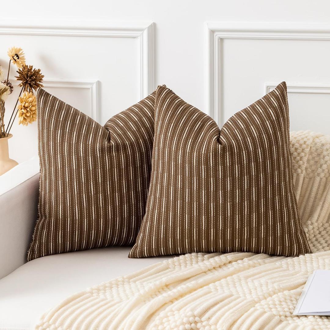 Kevin Textile Pack of 2 Farmhouse Decorative Throw Pillow Covers Boho Woven Texture Burlap Linen Cushion Cover Striped Pillowcase, Brown 20 x 20 inches 50 x 50 cm
