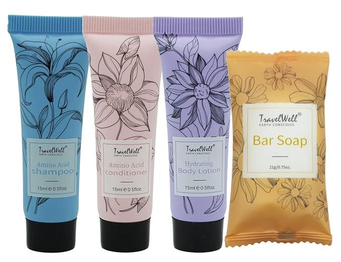 Travel Well Flower Series Individually Wrapped 15ml/0.5 Fl Oz Shampoo + Conditioner + Body Lotion + 21g/0.75 Oz Mini Soap Bars | 240 PIECE | Travel Size Toiletries | Hotel Toiletries Bulk Set
