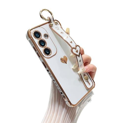 DEFBSC Compatible with Samsung Galaxy S24 Plus/S25 Plus Case, Electroplated Edge Love Heart Case with Wrist Strap, Full Camera Protection Raised Reinforced Corners Shockproof Soft TPU Cover, White