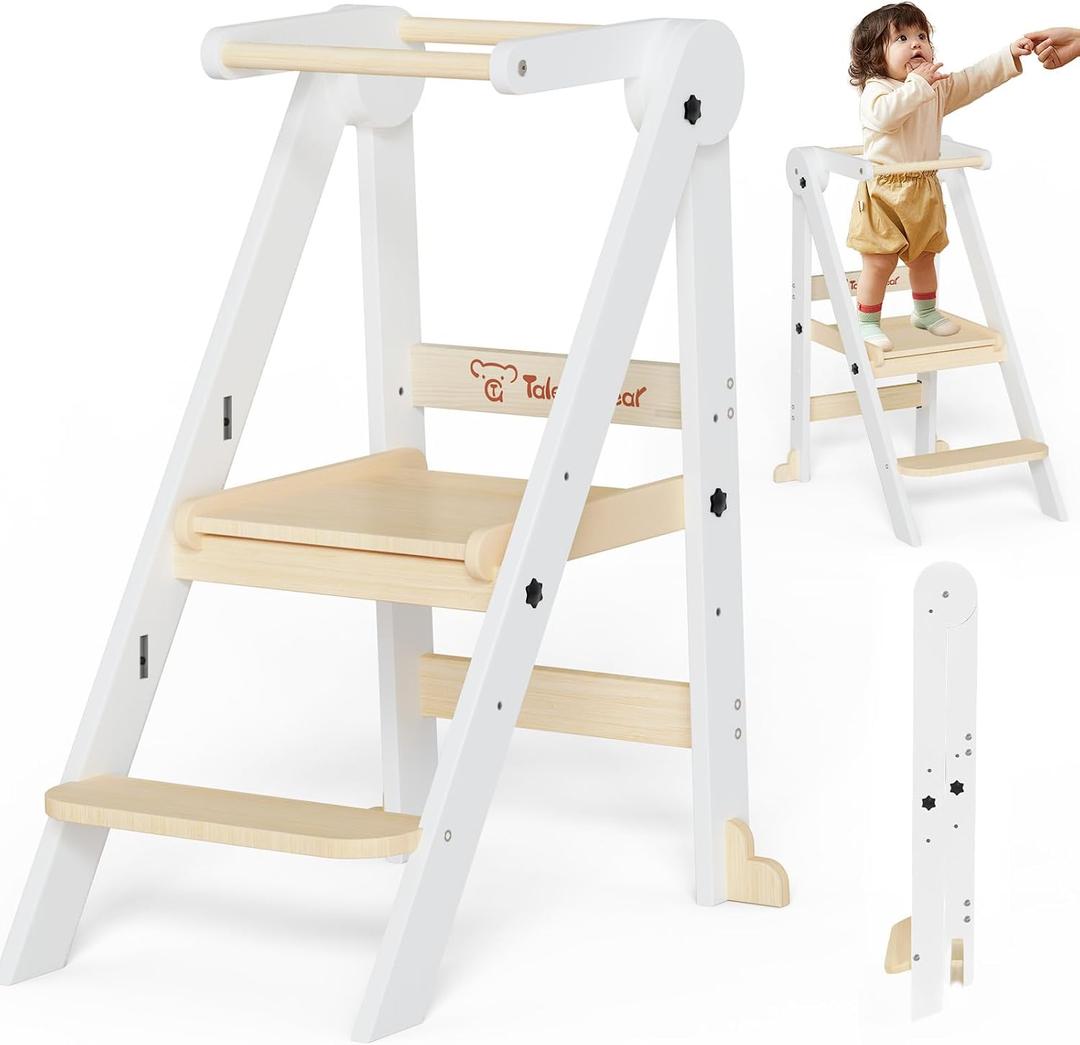 Foldable Toddler Kitchen Stool Helper, Toddler Standing Tower with 3 Adjustable Heights, Collapsible Wooden Step Stool for Kitchen & Bathroom, Montessori Learning Helper Tower for Toddlers Aged 1-6