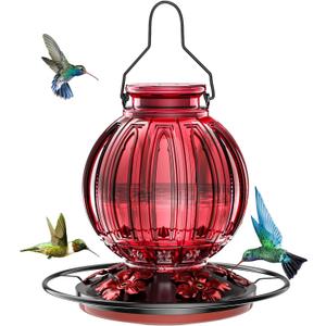 Glass Hummingbird Feeder for Outdoors Hanging, 26Oz Bird Nectar Feeder with Perch & 5 Flower Feeding Ports, Leak Proof for Outside Garden Decor Backyard, Gifts for Women Mom, Red (Red)