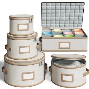 Hard Shell China Storage Containers  5 Piece Set for Storing Dinner Plates, Salad Plates, Mugs, Quilted Dividers for Safe Moving and Seasonal Storage, Beige
