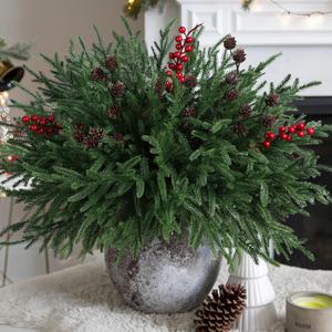 Artificial Christmas Norfolk Pine Stems Branches for Vases, 17 Bundles Faux Pine Branches with Pinecones and Red Berries Branches, Fake Greenery Evergreen Real Touch for Holiday Winter Table Xmas Décor