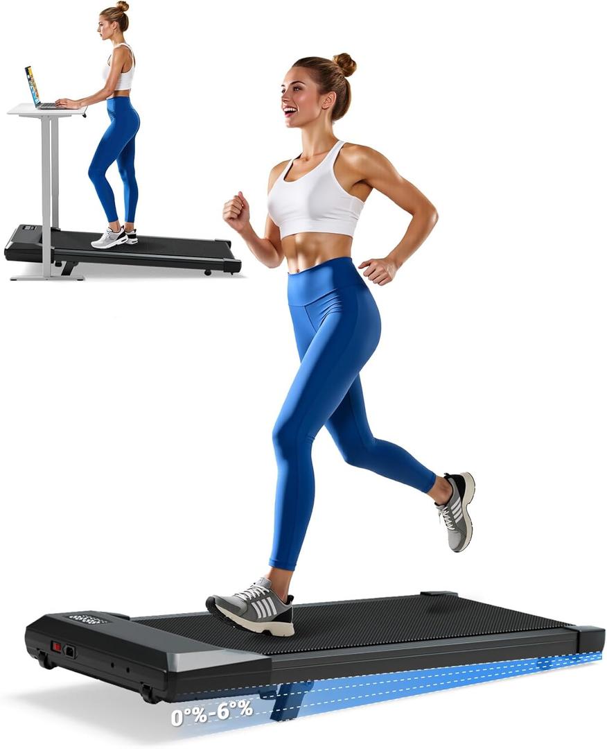 DeerRun Under Desk Walking Pad Treadmill for Home & Office, 6% Manual Incline, 2.5 HP, 0.6–3.8 MPH Walking Speed, 300 lb Capacity, App & Remote Control