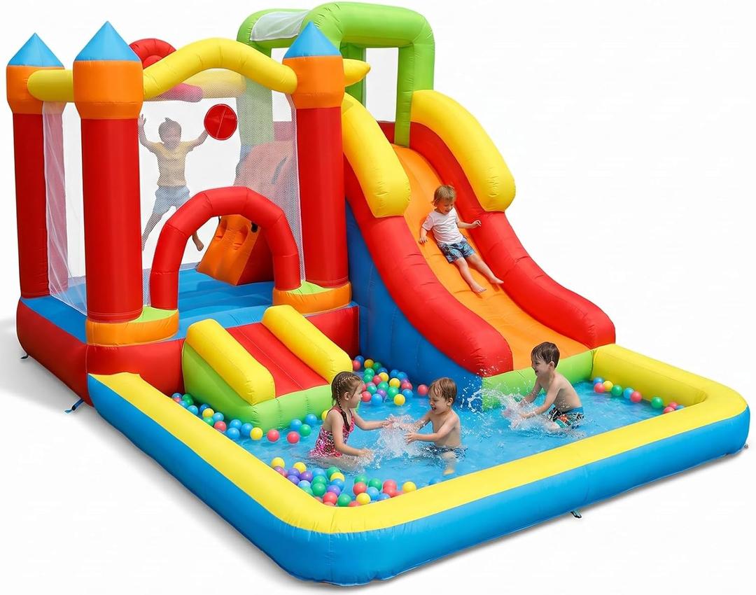 Bounce House with Ball Pit,7-in-1 Inflatable Bouncy Castle with Blower,Climbing Wall,Slide and Basketball Hoop for Backyard,Jump House Playground for Kids Toddlers Ages 3-10 Indoor Outdoor Use