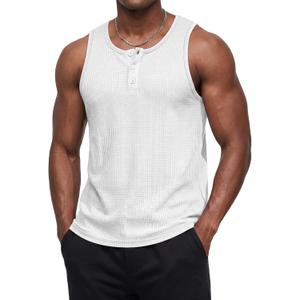 Mens Waffle Knit Tank Tops | Sleeveless Shirts, Casual, Henley, Summer, 2026, Beach, Breathable, Muscle Tees, Woukout, Gym (White, L)