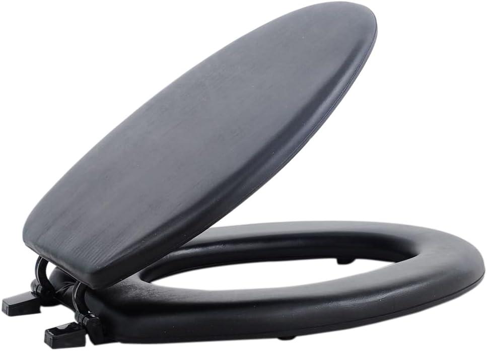 PowerSellerUSA Vinyl Soft Elongated Toilet Seat, Adjustable Hinges Toilet Seats with Non Slip Grip Tight Bumpers, Oval Shape Heavy Duty Plastic Bathroom Toilet Seat Close Lid Set, Black