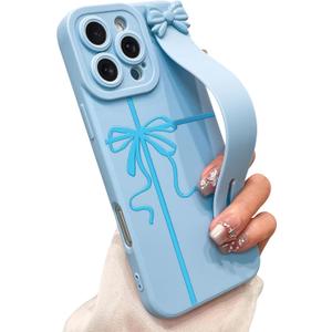 for iPhone 16 Pro Max Case with Wrist Strap Elegant Bow Ribbon Design with Adjustable Wristband Kickstand Shockproof Soft TPU Camera Protection Phone Cover for Women Girls - Blue Ribbon