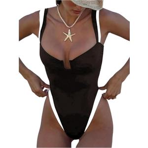 WDIRARA Women's Contrast Trim One Piece Swimsuit Spaghetti Strap High Cut Swimwear (Brown, XL)