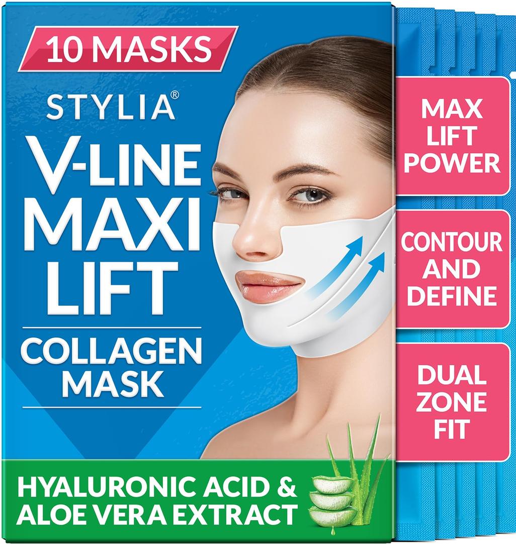 Stylia MaxiLift V-Line Lifting Collagen Face Mask - Advanced Double Chin Reducer - Jawline Shaper - Neck Firming and Tightening Mask with Hyaluronic Acid & Aloe Vera - Chin Strap for Sleeping - 10PC