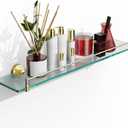 24 Inch Glass Bathroom Shelves,Brushed Gold Floating Shelves for Wall Rectangular Modern Stainless Steel Glass Shelf for Bathroom Shelves Wall Mounted, 24"with railing