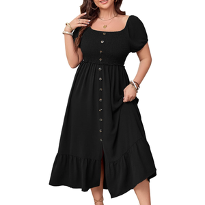 SCOMCHIC Womens Plus Size Summer Dresses Short Sleeve Square Neck Button Down Smocked Casual Ruffle Slit Maxi Boho Dress 2XL