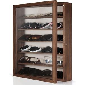 TJ.MOREE Sunglasses Organizer Storage Wall Mounted: 13 x 15.6 inches Eyewear Display Case Rustic Wood Eyeglasses Holder Large Glasses Storage Box, Brown