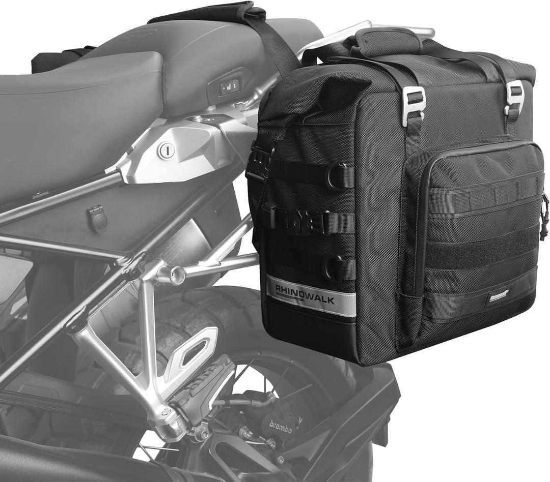 Rhinowalk Motorcycle Saddlebag Waterproof 25L Expandable Side Bag Quick Release Motorbike Luggage Pack Fits Most Adventure & Sports Bike Racks (Black, 1 Pack)