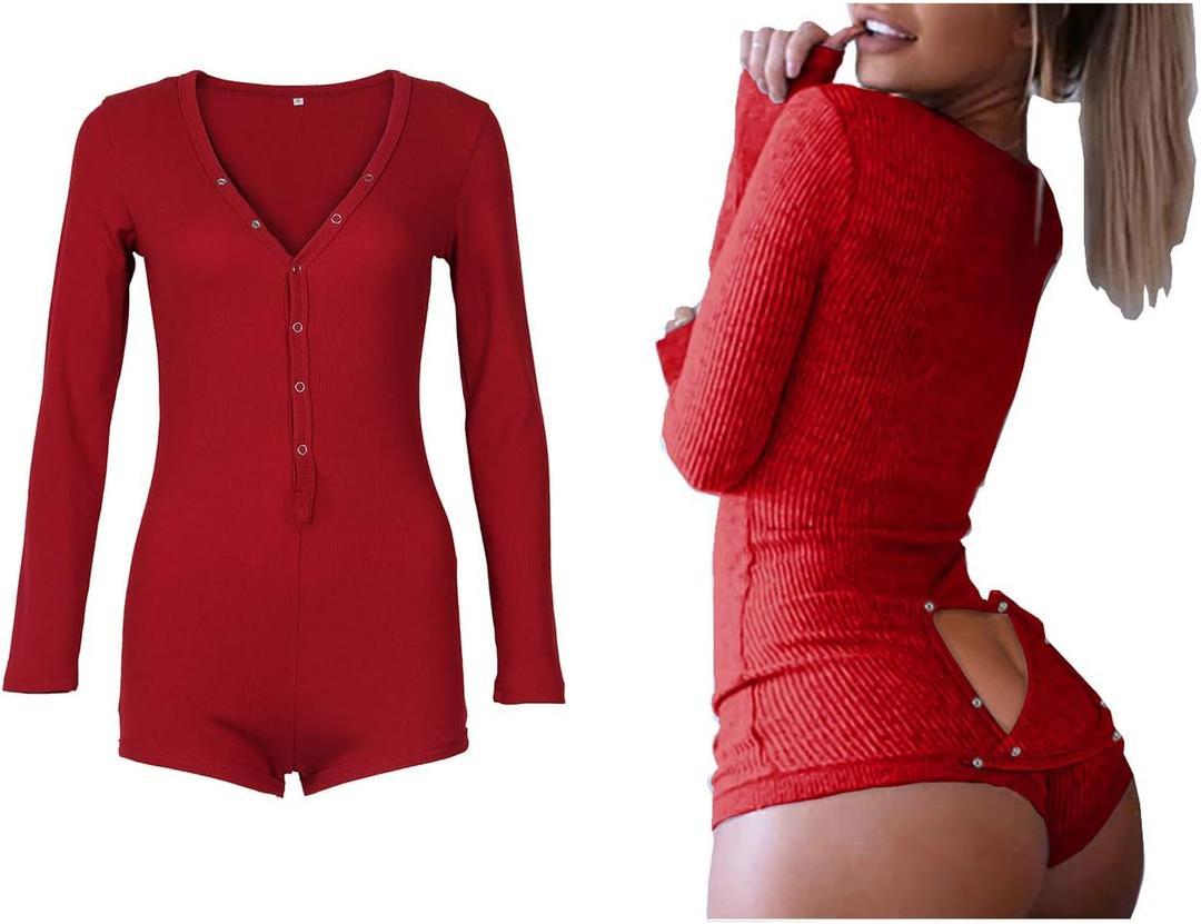 Roselux Women's Sexy Deep V Neck Shorts Long Sleeve Knitted One Piece Bodysuit Sexy Pajama Onesie Bodycon Rompers Overall (Medium, F-back Flap-wine Red2)