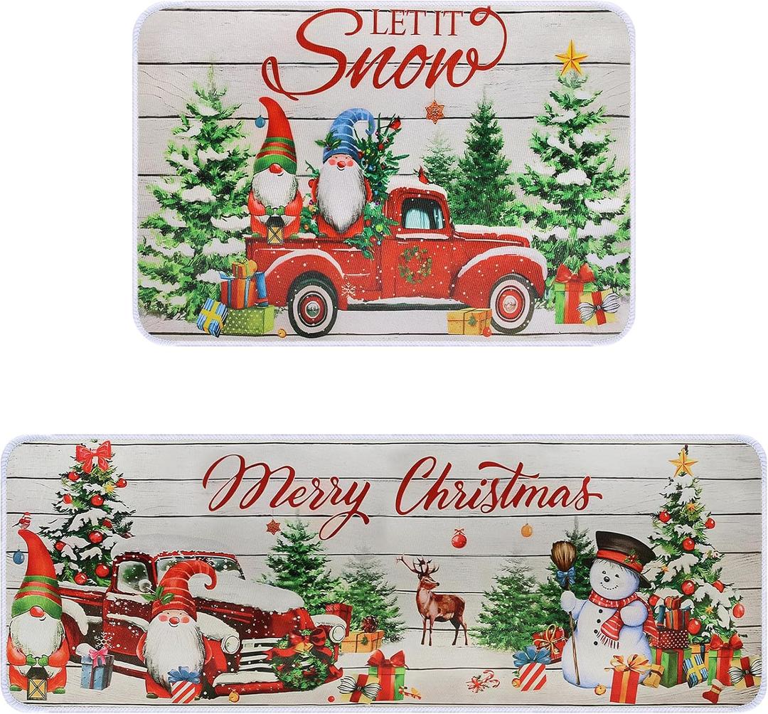 2 x Christmas Kitchen Rugs Set of 2, Christmas Rugs for Kitchen, Farmhouse Christmas Tree Truck Merry Christmas Kitchen Mats, Winter Home Decor Low-Profile Kitchen Rugs, 16x24 and 16x47 Inch