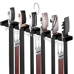 Cuipingoo Belt Hanger for Closet Max 42 Belts, 2-in-1 Wall Mount Belt Organizer with 360° Rotating Hooks, Wooden Tie and Belt Rack for Closet Accessories Organizers and Storage, Black (15.16"W x 2"H) 