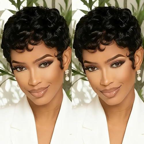 Rofa Beauty Pixie Cut Wig Human Hair Short Curly Pixie Wigs for Black Women Glueless Layered Brazilian Virgin Human Hair Wigs Natural Black Color for Daily Use